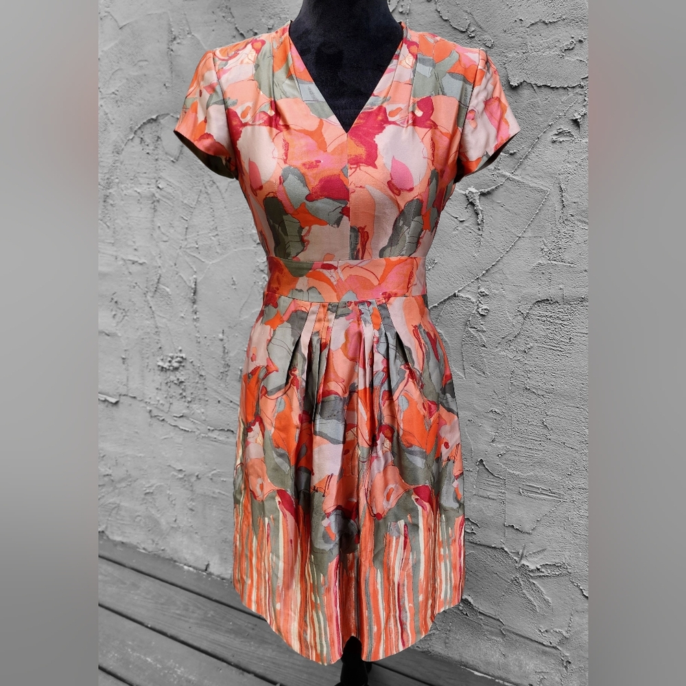 Tropical Coral/Gray Silky Floral Midi Dress **Needs Repair - Read Description**
